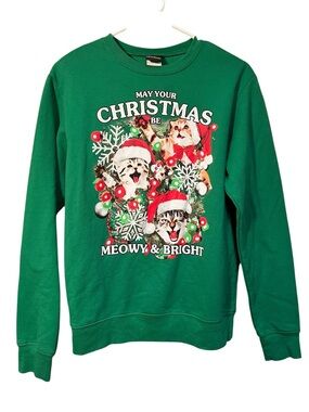 Fifth Sun Christmas Cats Sweatshirt Green Meowy and Bright M